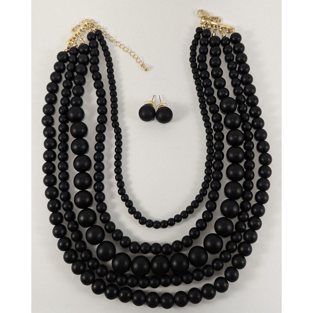 Matt Black Multi Strand Graduated Bead Necklace Earrings
